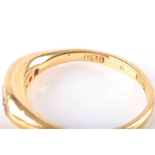 11 - An 18ct yellow gold diamond five stone ring, hallmarked for Chester 1919, size N.