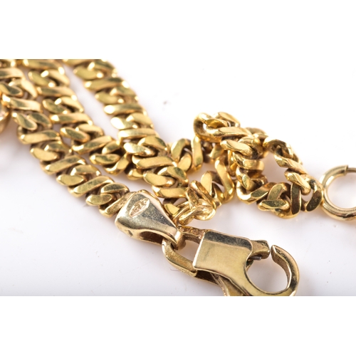13 - Group of gold chains, including a 9ct yellow gold flat curb link chain, 45 cm long, a 9ct paperclip ... 