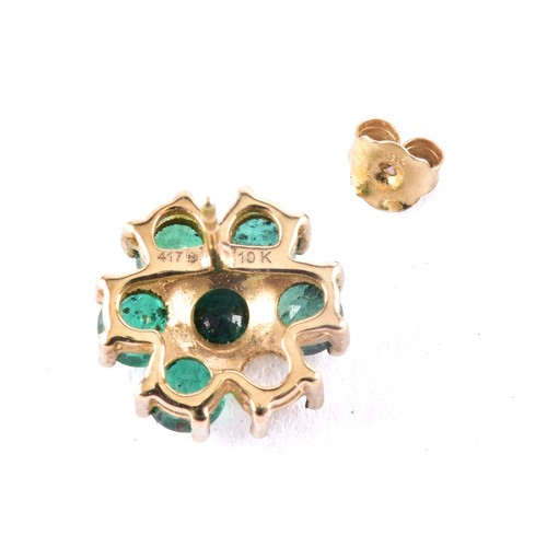 35 - A pair of 10ct yellow gold floral emerald cluster earrings, (one loose stone), each 1 cm diameter, w... 