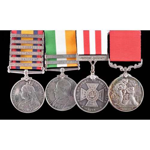 A Boer War four medal gallantry group awarded to: Private James M. Clarke, Scots Guards. Comprising: a Queen’s South Africa QSA medal with 6 clasps Belmont, Modder River, Driefontein, Johannesburg, Diamond Hill, Belfast (910 Pte. J. Clarke, Scots Gds:); a King's South Africa KSA medal with 2 clasps South Africa 1901 and South Africa 1902 (910 Pte. J. Clarke, Scots Guards); a Liverpool Shipwreck and Humane Society 1839 silver medal For Bravery in Saving Life 1894 (To P.C. 125D (James M Clarke) For Gallant Service 24 Nov 1912); and a second Liverpool Shipwreck and Humane Society 1839 silver medal For Bravery in Saving Life (To P.C. 154H (James M Clarke) For Gallant Service 28th Dec 1919). Mounted on a bar for wear.
