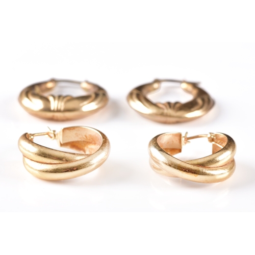 27 - A pair of 9ct yellow gold hoops with moulded detail, 2.8 cm long, together with a pair of 14ct yello... 