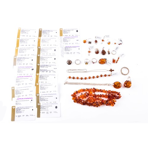 45 - A collection silver gem set jewellery, including a Baltic amber bracelet, two rings (both size P), c... 