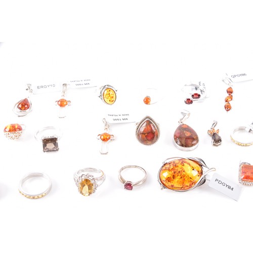 45 - A collection silver gem set jewellery, including a Baltic amber bracelet, two rings (both size P), c... 