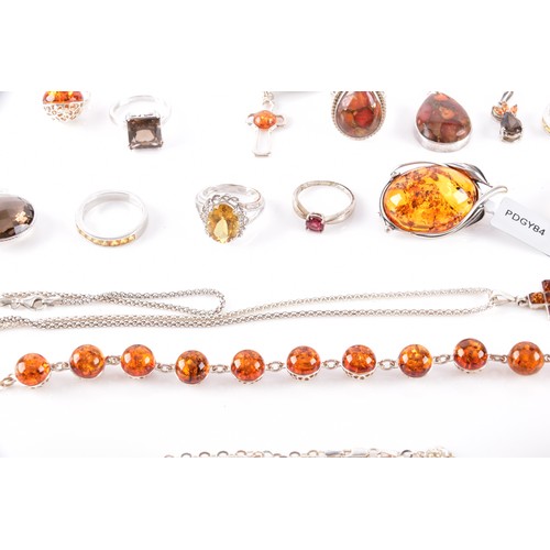 45 - A collection silver gem set jewellery, including a Baltic amber bracelet, two rings (both size P), c... 