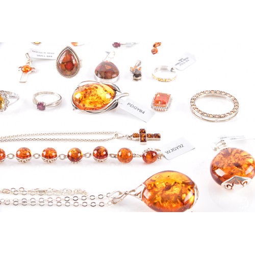 45 - A collection silver gem set jewellery, including a Baltic amber bracelet, two rings (both size P), c... 