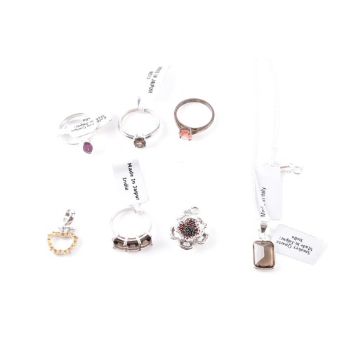45 - A collection silver gem set jewellery, including a Baltic amber bracelet, two rings (both size P), c... 