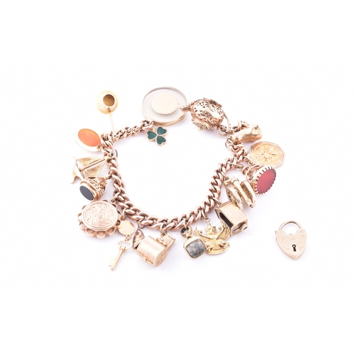 A 9ct rose gold curb link chain charm bracelet, the links marked .375, suspended with various charms including a 9ct yellow gold teapot with reticulated decoration, a yellow metal cat, a 9ct St Christopher charm, a 9ct red onyx fob, a 9ct compass, a novelty 'wolf whistle' opening to reveal a small wolf, a 9ct cameo, an enamel clover leaf, etc. bracelet approximately 18 cm long, with 9ct yellow gold heart-shaped lock clasp.