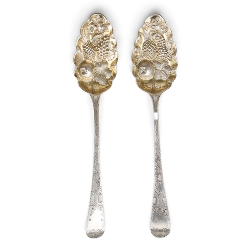PAIR OF BRIGHT CUT SILVER BERRY SPOONS WITH EMBOSSED & GILDED BOWLS ...
