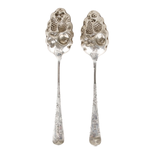 PAIR OF BRIGHT CUT SILVER BERRY SPOONS WITH EMBOSSED & GILDED BOWLS ...
