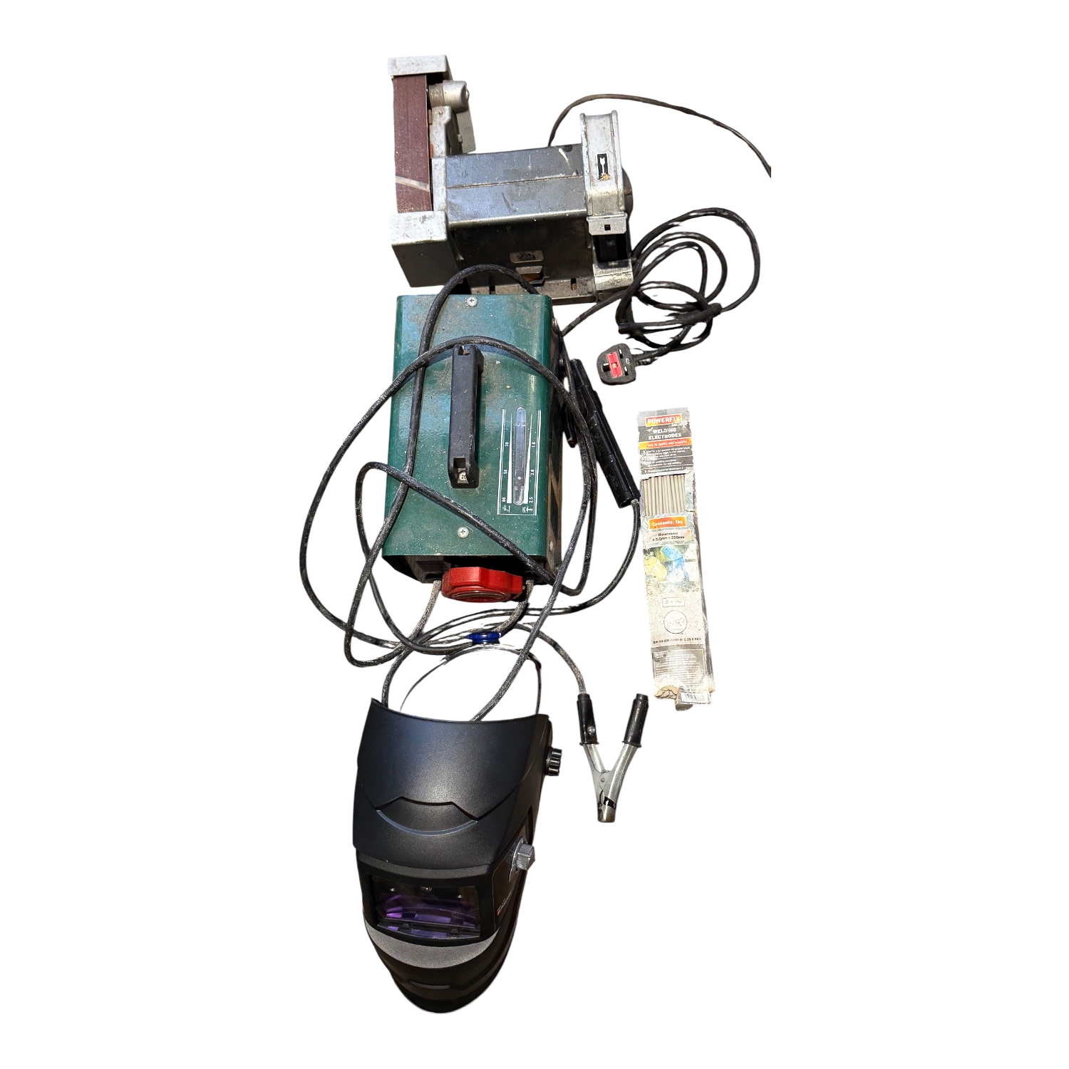 PARKSIDE STICK WELDER, WELDING MASK AND SMALL BENCH BELT SANDER AND GRINDER