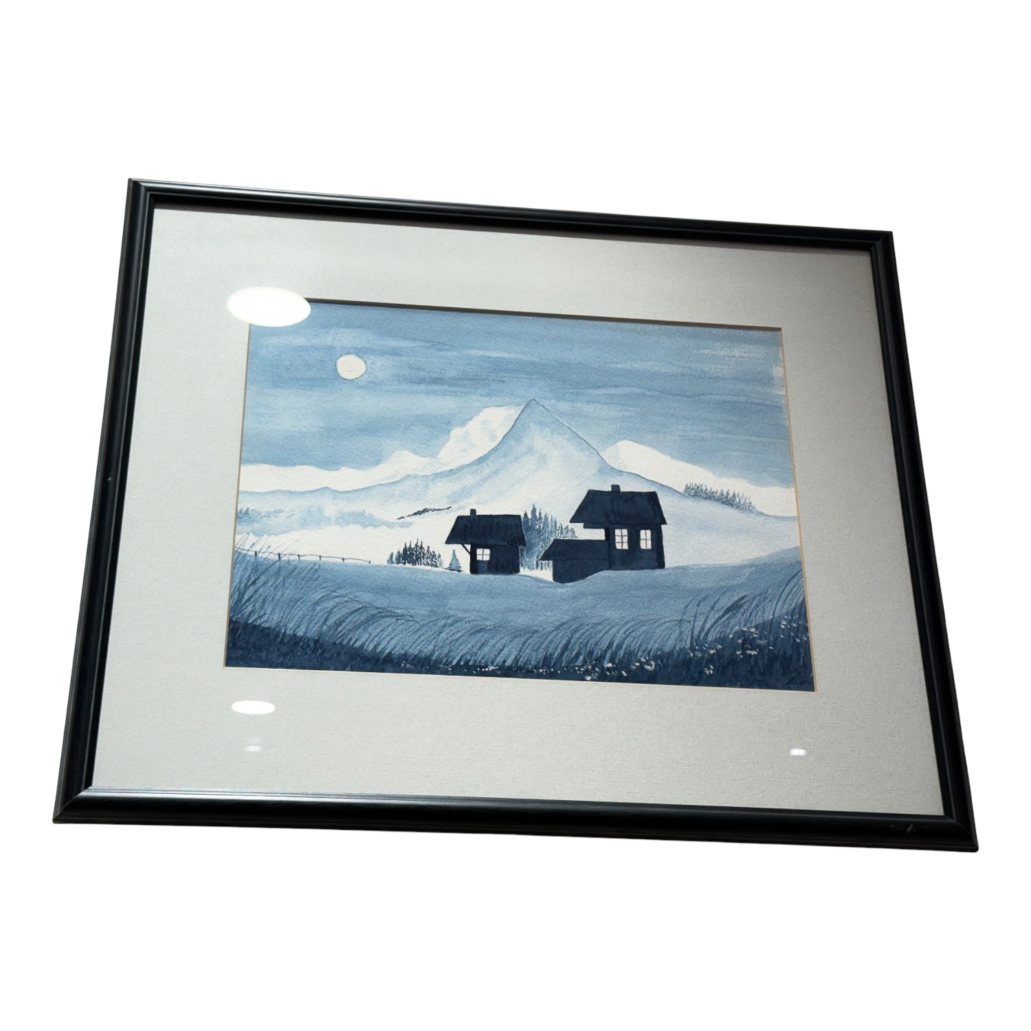 FRAMED MOONLIGHT LANDSCAPE WATERCOLOUR