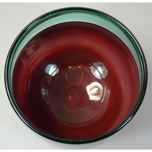 102 - Barry Cullen, a red and pale green glass bowl, etched signed to base and numbered 850, diameter 18cm... 