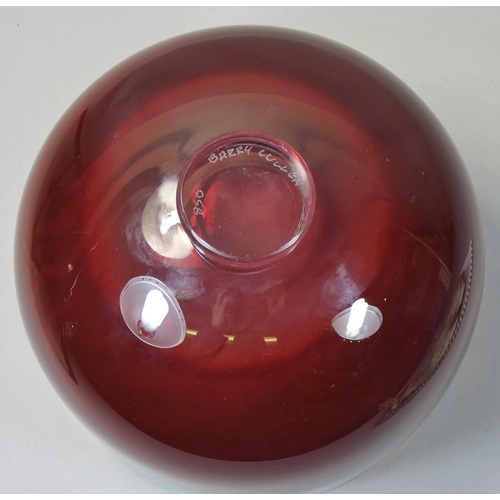 102 - Barry Cullen, a red and pale green glass bowl, etched signed to base and numbered 850, diameter 18cm... 