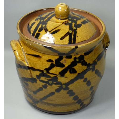 104 - Peter Dick (1936 - 2012), a twin handled lidded jar with abstract decoration, impressed makers mark,... 