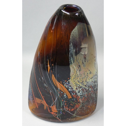 131 - Sam Herman (b.1936), a free blown glass flask of irregular form, signed, height 22cm.