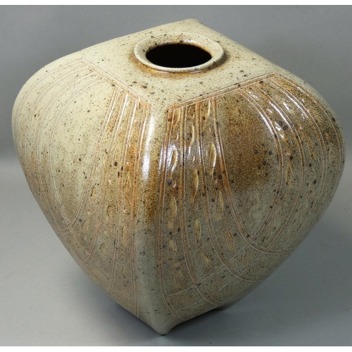 135 - Ruth King (b.1955), a square salt-glazed vase with incised decoration, 'RK' makers mark to the base,... 