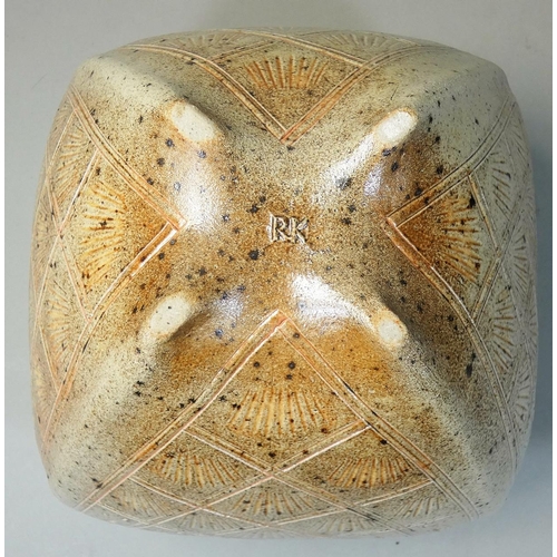 135 - Ruth King (b.1955), a square salt-glazed vase with incised decoration, 'RK' makers mark to the base,... 