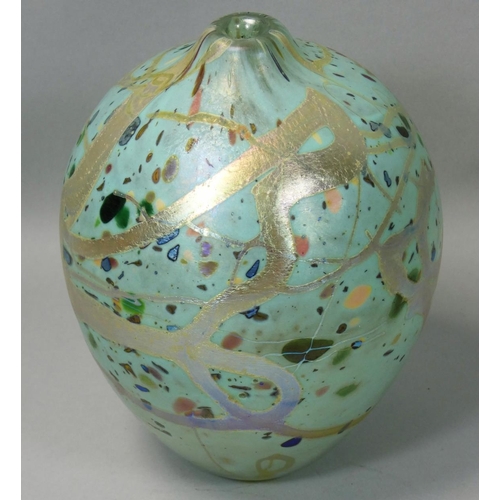 141 - Peter Layton (b.1937), a free blown iridescent vessel, etched signed and dated 1984, height 15cm.