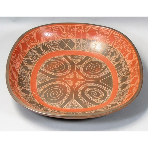 167 - Siddig El Nigoumi (1931 - 1996), an earthenware burnished clay square dish, mottled brown and terra-... 