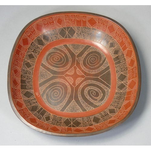 167 - Siddig El Nigoumi (1931 - 1996), an earthenware burnished clay square dish, mottled brown and terra-... 