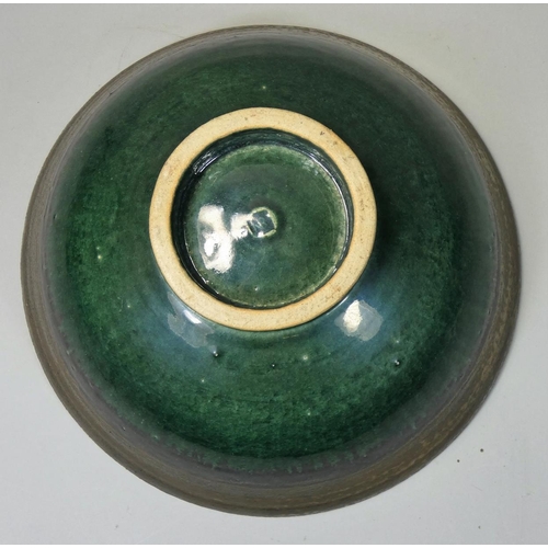 38 - Nick Booth (contemporary), a large studio pottery bowl, with brass patinated rim and polychrome enam... 