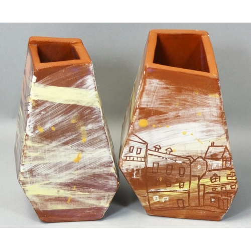 4 - Meghan Downs (British contemporary), a pair of irregular slab built ceramic vessels, incised archite... 