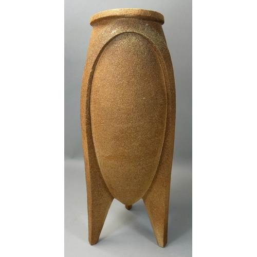 48 - Hannah Arnup, a stoneware textured oval vase on three legs, exhibition number 5, impressed makers ma... 