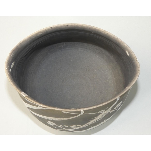 51 - Tim Andrews (b.1960), a stoneware Raku fired bowl of ovoid form, crackle glazed abstract pattern, ma... 