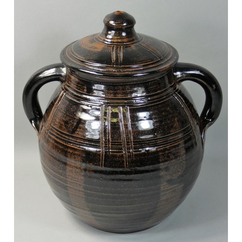 66 - Charles Bound (b.1939), a large stoneware lidded container with abstract pattern, diameter 45cm.