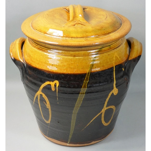 76 - Clive Bowen (b.1943), a large twin handled stoneware lidded container, height 32cm.