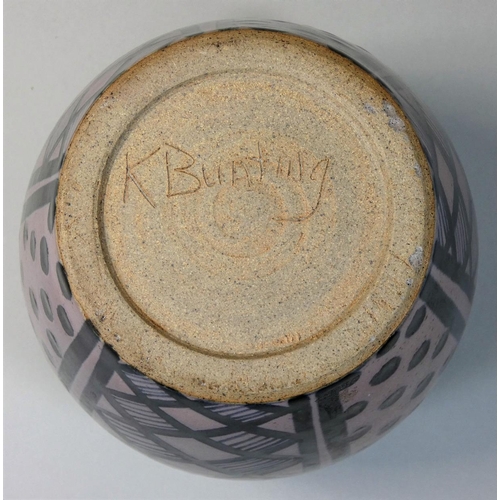 88 - Karen Bunting, a stoneware lidded container, in mottled salmon and grey glaze, engraved 'K Bunting',... 