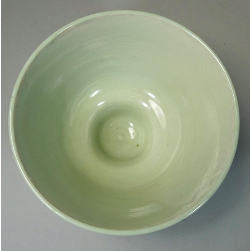 94 - Derek Clarkson (1928 - 2013), a earthenware bowl on conical foot, with glazed foliage brushwork deco... 