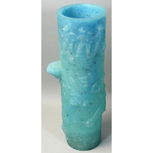 97 - Tessa Clegg (b.1946) and Liz Crowley, an elongated 'storytelling' cylindrical vase, frosted glass wi... 