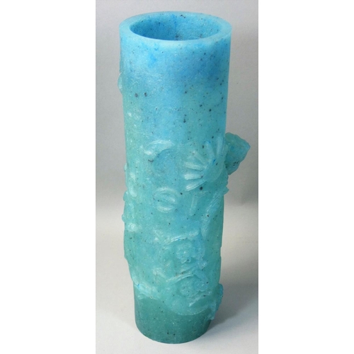 97 - Tessa Clegg (b.1946) and Liz Crowley, an elongated 'storytelling' cylindrical vase, frosted glass wi... 