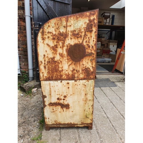 73 - A vintage oil dispenser cabinet, painted in white with Shell X 100 oil markings, the sliding door op... 