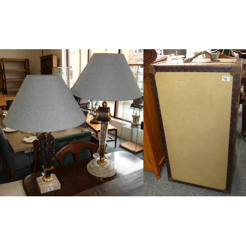 78 - Two modern table lamps with matching shades, together with an early travelling trunk (3)