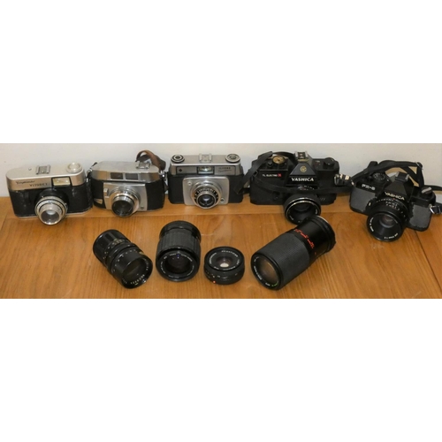 83 - A selection of cameras, lenses and accessories, to include Praktica MTL 3, Prinz Flex M-1, Minolta 3... 