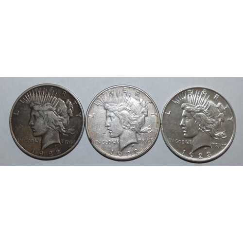 114 - Three USA Liberty silver dollars, 1922 x 2, 1923