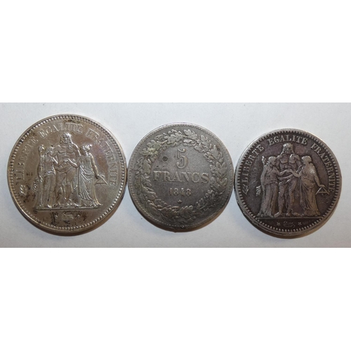 115 - French silver 5 Franc, 1843, 1873 and a 50 Franc 1974 (3).