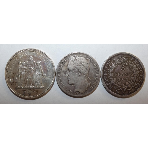 115 - French silver 5 Franc, 1843, 1873 and a 50 Franc 1974 (3).