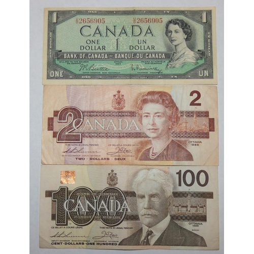 117 - Canada 100 dollar note, 1988, 2 dollar, 1986 and 1 dollar 1954 (3).