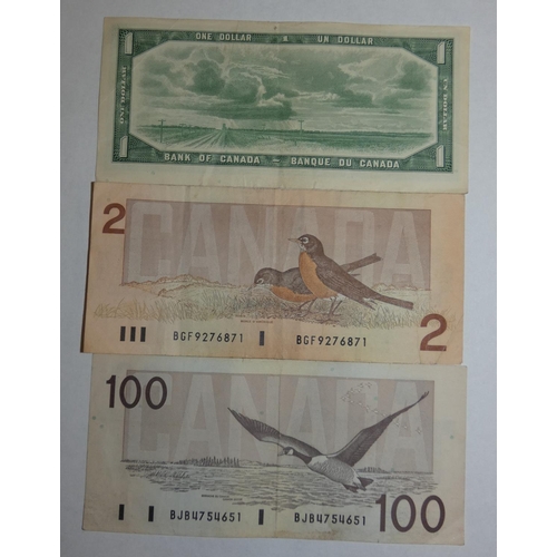 117 - Canada 100 dollar note, 1988, 2 dollar, 1986 and 1 dollar 1954 (3).