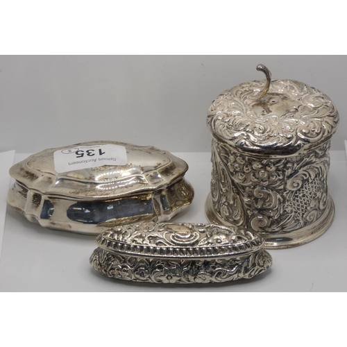 135 - A Victorian silver trinket box, Chester 1898, with embossed decoration, another plain example Birmin... 