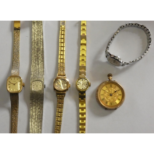 140 - A 9ct gold key less wind fob watch and 5 ladies wristwatches