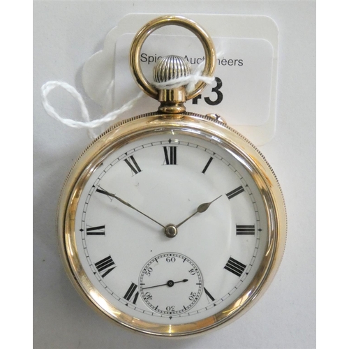 143 - A 14ct gold filled open face keyless wind pocket watch, white enamel dial.