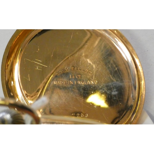 143 - A 14ct gold filled open face keyless wind pocket watch, white enamel dial.