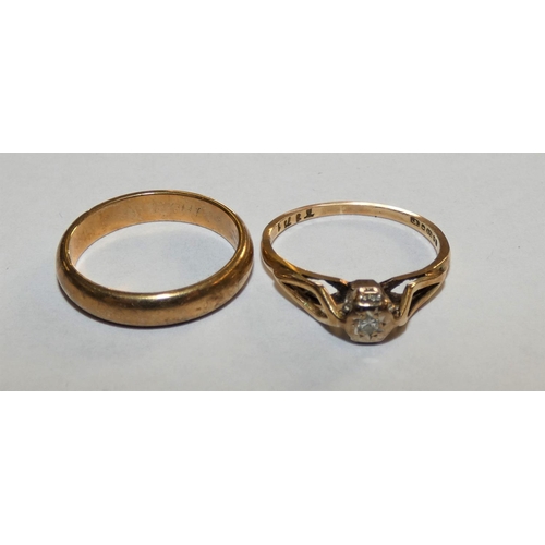 145 - A 9ct gold single stone diamond ring and a 9ct gold wedding band, 5.5 grams.