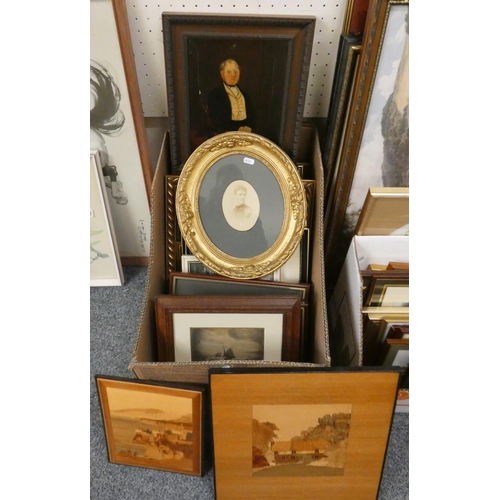 150 - A box of prints, oil, photograph and various others.
