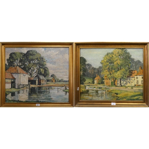 151 - A K.Johnson oil on board of farmstead with pond and a village scene with stream (2).