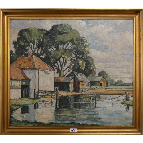151 - A K.Johnson oil on board of farmstead with pond and a village scene with stream (2).
